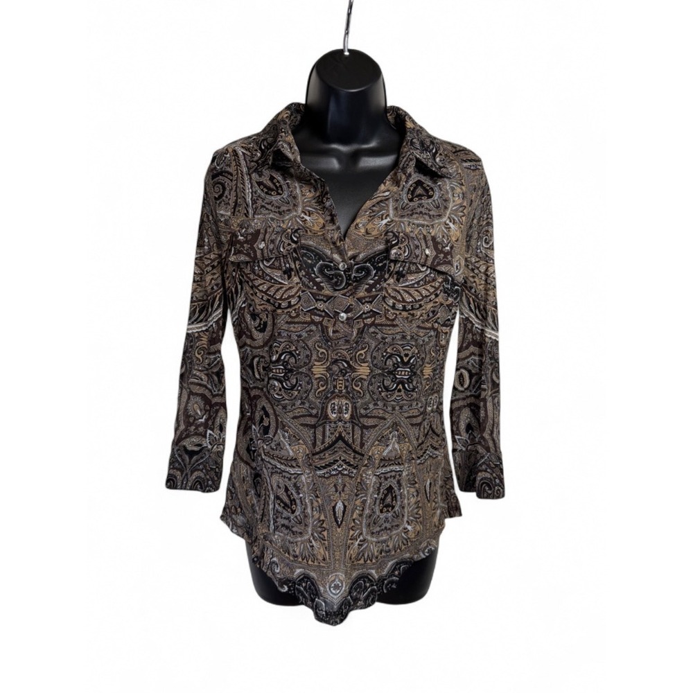 Vintage Y2K INC Whimsigoth Brown Ornate Baroque Paisley Sheer Mesh Top Blouse